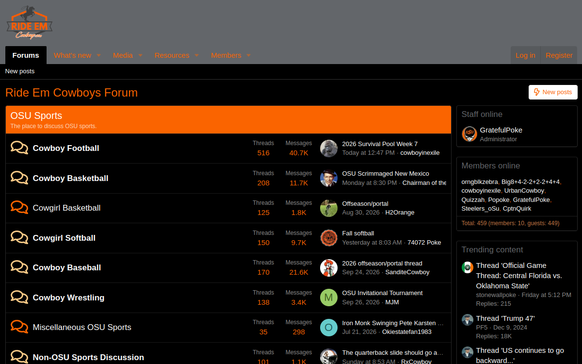 Screenshot of the Ride Em Cowboys forum homepage and its Oklahoma State sports discussion boards